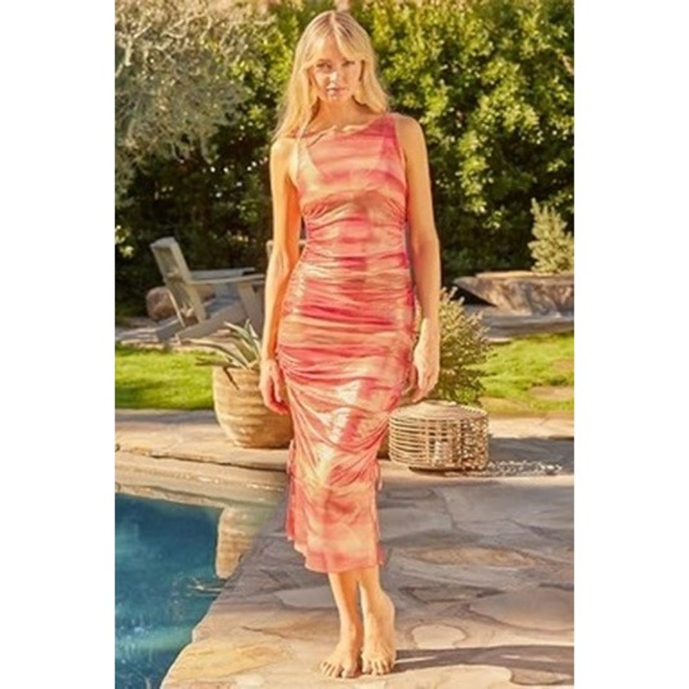 BECCA Solar Energy Cover Up Dress S Pink Gold NEW Ruched Metallic Ombre $88